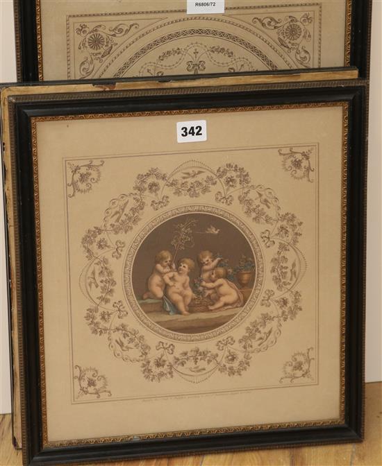 After Bartolozzi, three coloured engravings, putti at play, largest 47 x 32cm